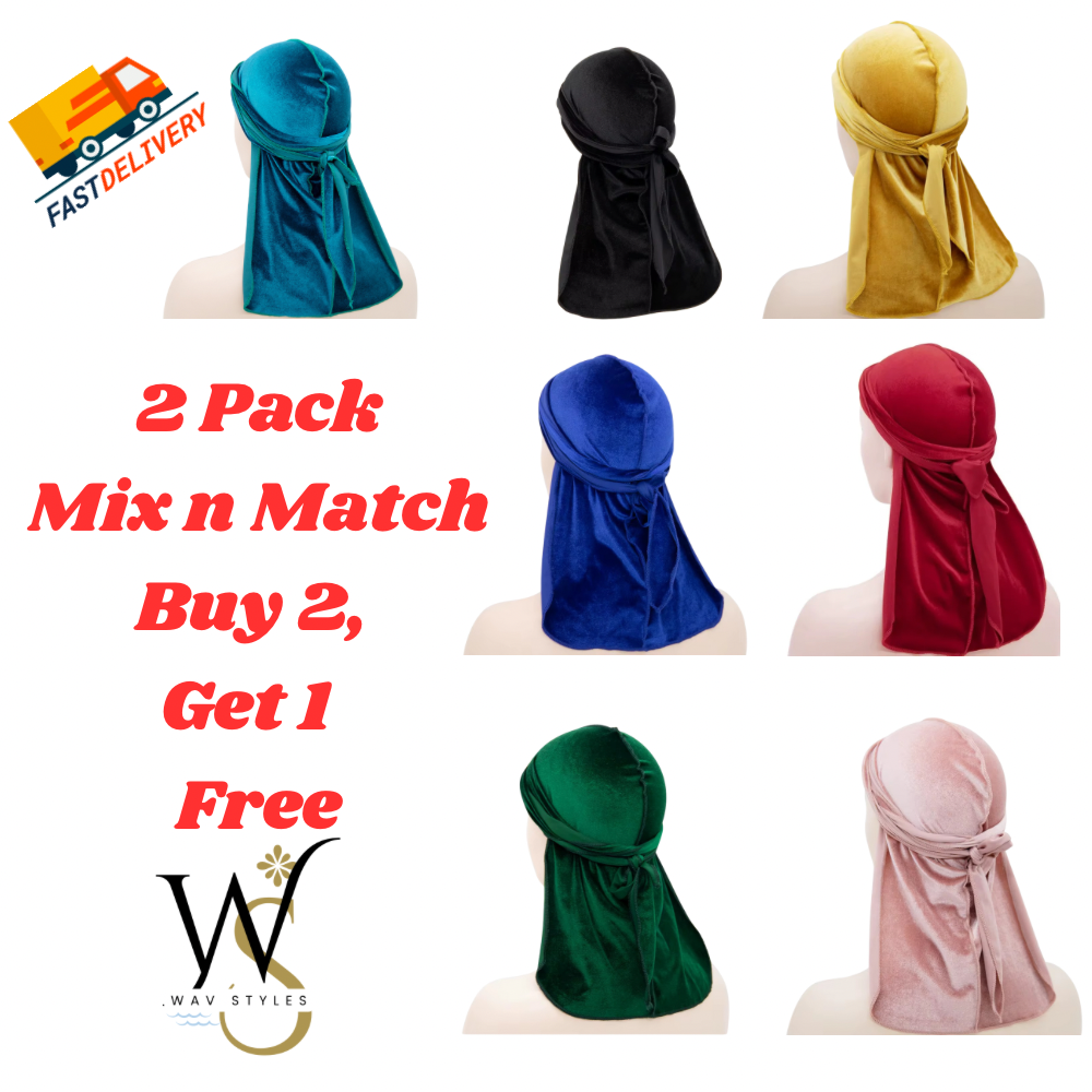 2-Pack Velvet Durag Men Unisex Long Tail Soft Durag Head wraps 360 Wave Cap
