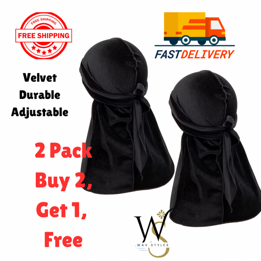 2-Pack Velvet Durag Men Unisex Long Tail Soft Durag Head wraps 360 Wave Cap