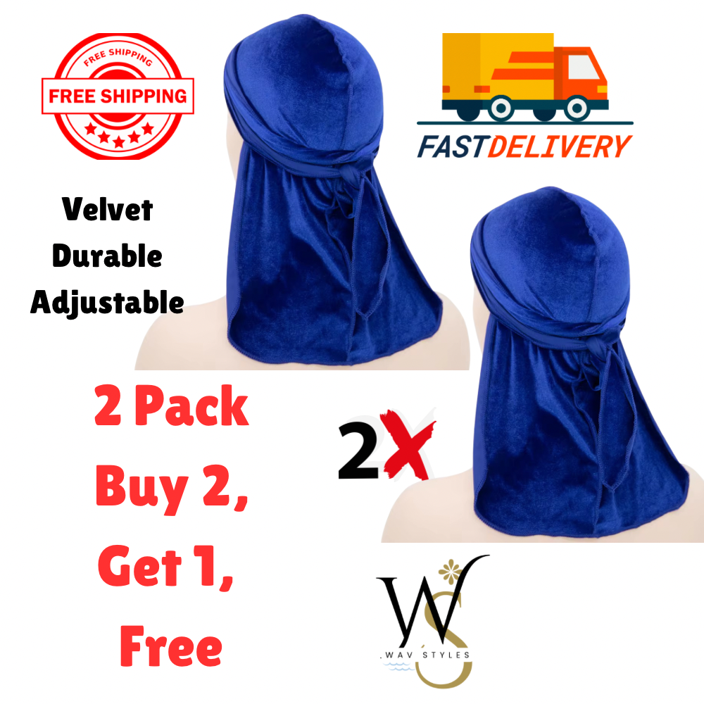 2-Pack Velvet Durag Men Unisex Long Tail Soft Durag Head wraps 360 Wave Cap