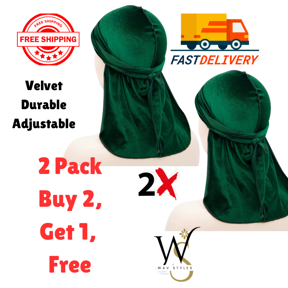 2-Pack Velvet Durag Men Unisex Long Tail Soft Durag Head wraps 360 Wave Cap