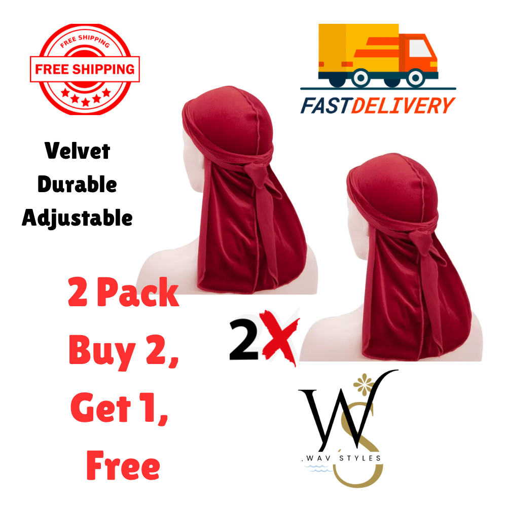 2-Pack Velvet Durag Men Unisex Long Tail Soft Durag Head wraps 360 Wave Cap