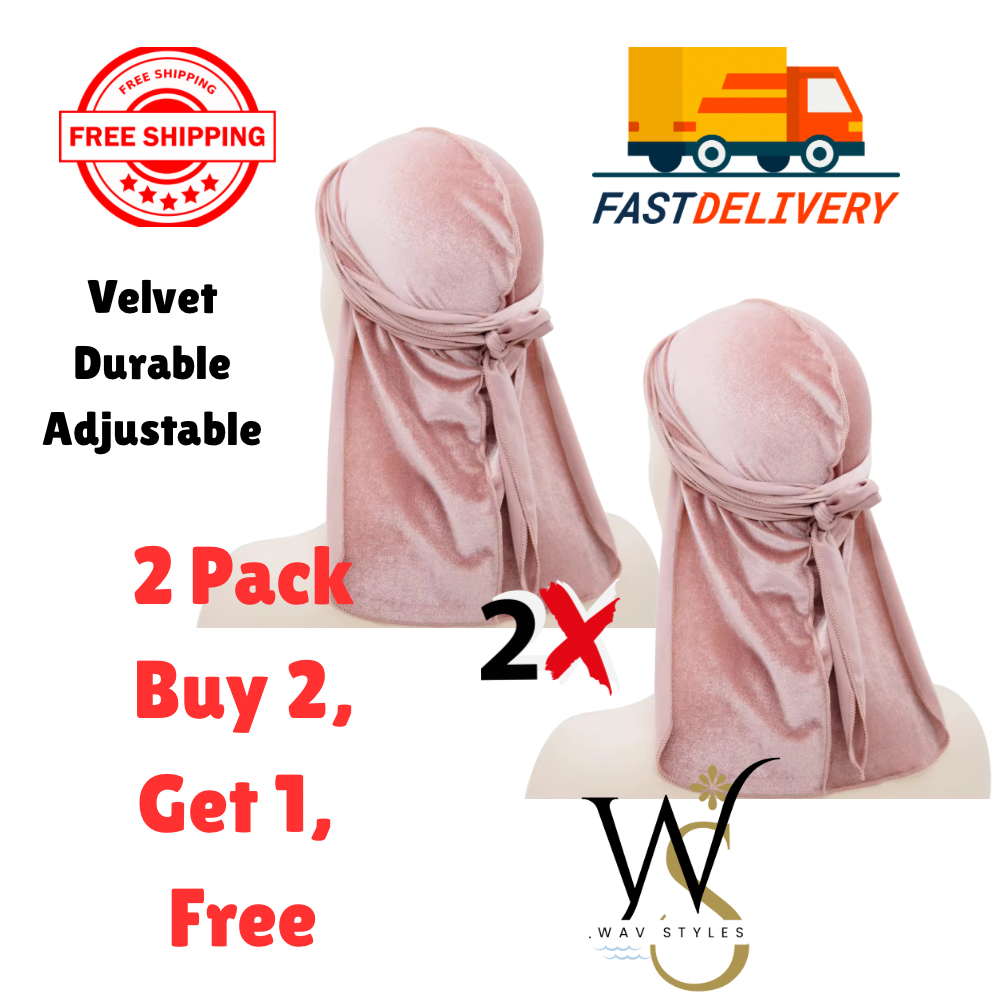 2-Pack Velvet Durag Men Unisex Long Tail Soft Durag Head wraps 360 Wave Cap